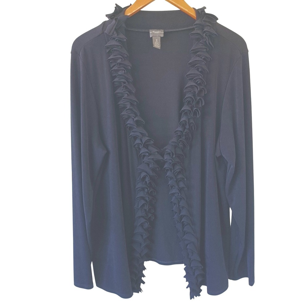 Chicos Travelers True Black Ruffle Trim Open Front Cardigan Ribbed Knit Sz 3 XL